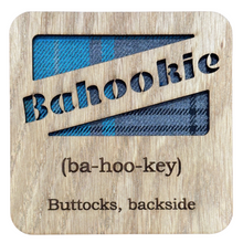 Load image into Gallery viewer, Wooden Mug Coaster with &#39;Bahookie&#39; text with tartan background
