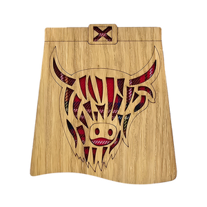 Kilt Shaped Wooden Mug Coaster with tartan background