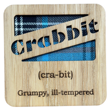 Load image into Gallery viewer, Wooden Mug Coaster with &#39;Crabbit&#39; text with tartan background
