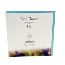 Load image into Gallery viewer, July Birth flower Larkspur silver necklace | The Silver Studio Scotland
