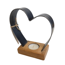 Load image into Gallery viewer, Heart-shaped tealight on oak whisky barrel stave base 
