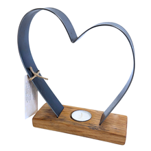 Load image into Gallery viewer, Heart-shaped metal tealight holder with oak whisky stave base 

