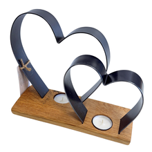 Load image into Gallery viewer, Whiskey Barrel Wooden Tea Light Candle Holder with two metal hearts
