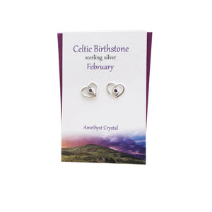 Celtic Birthstone Heart February silver stud earrings | The Silver Studio