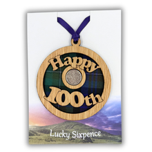 Load image into Gallery viewer, Happy 100th Lucky Sixpence Hanging Wooden Wall Plaque
