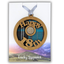 Load image into Gallery viewer, 18th Scottish Themed Gift Lucky Sixpence wooden hanging plaque with tartan background
