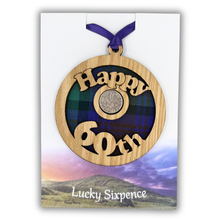 Load image into Gallery viewer, Happy 60th Lucky Sixpence Hanging Wooden Wall Plaque
