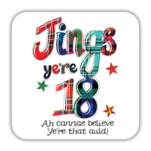 Load image into Gallery viewer, Colorful birthday coaster with tartan pattern and text on a white background
