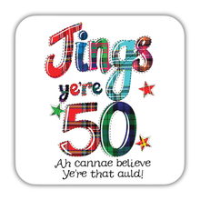 Load image into Gallery viewer, Colorful tartan design with text celebrating a 50th birthday on a white background
