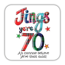 Load image into Gallery viewer, Colorful tartan design with text celebrating a 70th birthday on a white background
