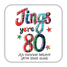 Load image into Gallery viewer, Colorful plaid design with text celebrating a 80th birthday on a white background
