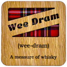 Load image into Gallery viewer, Wooden Mug Coaster with 'Chuffed' text with tartan background
