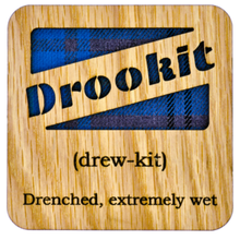 Load image into Gallery viewer, Wooden Mug Coaster with 'Drookit' text with tartan background
