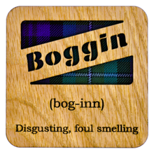 Load image into Gallery viewer, Wooden Mug Coaster with 'Boggin' text with tartan background
