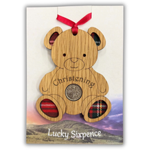 Load image into Gallery viewer, Wooden Plaque in the shape of a bear with tartan feet and lucky sixpence in the centre
