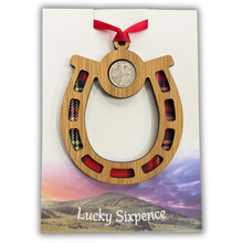 Load image into Gallery viewer, Wooden Plaque Horseshoe with lucky sixpence and tartan background
