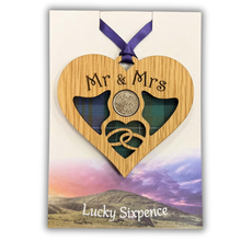 Load image into Gallery viewer, Lucky Sixpence Heart wooden plaque with Mr &amp; Mrs
