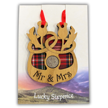 Load image into Gallery viewer, Wooden Plaque with Two thistle design and lucky sixpence in the centre Scottish Wedding Gift
