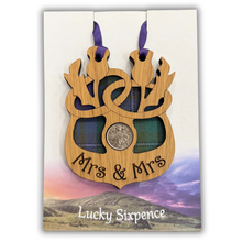 Load image into Gallery viewer, Wooden Plaque with Two thistle design and lucky sixpence in the centre Scottish Wedding Gift
