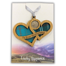 Load image into Gallery viewer, Wooden Plaque shaped with two hearts joined with lucky sixpence and tartan background
