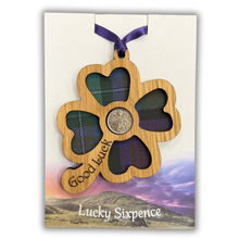 Load image into Gallery viewer, Lucky Sixpence Wooden Plaque with four leaf clover that says 'Good Luck'

