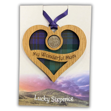 Load image into Gallery viewer, Wooden Plaque in the shape of a heart with lucky sixpence in the centre and 'my wonderful mum' text

