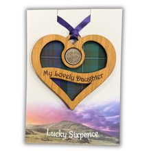 Load image into Gallery viewer, Wooden Plaque in the shape of a heart with lucky sixpence in the centre and 'my lovely daughter' text
