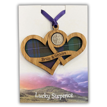 Load image into Gallery viewer, Lucky Sixpence Twin Heart wooden plaque with Bride &amp; Groom
