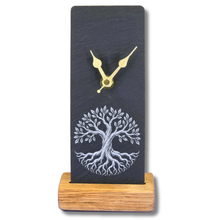 Load image into Gallery viewer, Slate clock with tree of life design on an oak stand 
