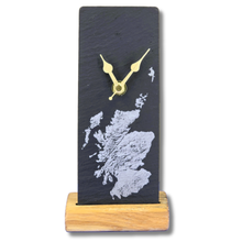 Load image into Gallery viewer, Slate clock with oak base and map of Scotland design 
