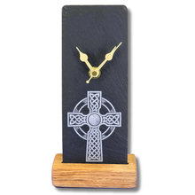 Load image into Gallery viewer, Slate clock with Celtic cross design on a oak stand 
