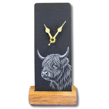 Load image into Gallery viewer, Slate clock with highland cow design and oak base 

