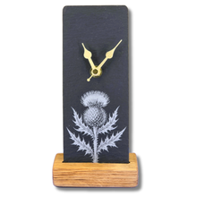 Load image into Gallery viewer, Slate clock with thistle design and oak base 
