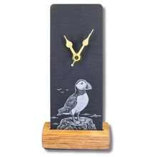 Load image into Gallery viewer, Slate clock with puffin design on an oak stand 
