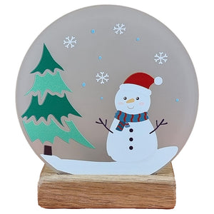Wooden Tea Light Candle Holder with Christmas Snowman Design