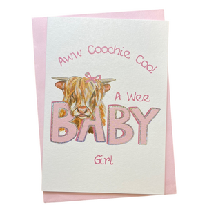 Baby Girl Scottish Card with Highland Cow on The Front