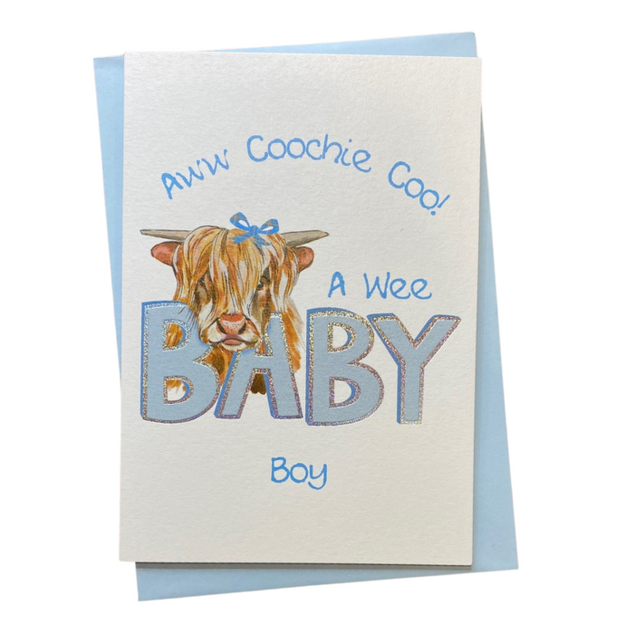 Baby Boy Scottish Card with Highland Cow on the Front