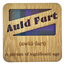 Load image into Gallery viewer, Wooden Mug Coaster with &#39;Auld Fart&#39; text with tartan background
