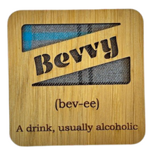 Load image into Gallery viewer, Wooden Mug Coaster with &#39;Bevvy&#39; text with tartan 
