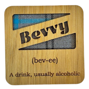 Wooden Mug Coaster with 'Bevvy' text with tartan 