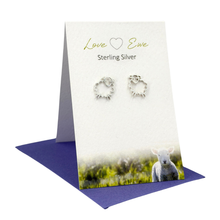 Load image into Gallery viewer, Pair of silver earrings on a 'Love Ewe' branded card with a lamb image.
