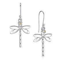 Load image into Gallery viewer, Dragonfly silver drop earrings with Amber Crystal| Glenna Jewellery Scotland
