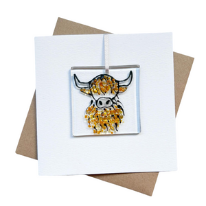 Highland Cow card with fused glass art decoration