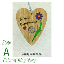 Load image into Gallery viewer, Wooden Plaque floral design and lucky sixpence in the centre
