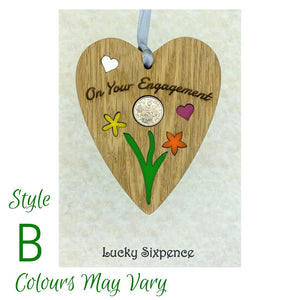 Wooden Plaque floral design and lucky sixpence in the centre