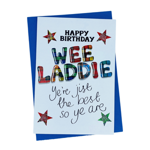 Scottish Birthday Card For Wee Laddie with Tartan Star Design