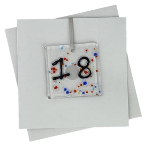 18th birthday card with fused glass art with number 18 on the front