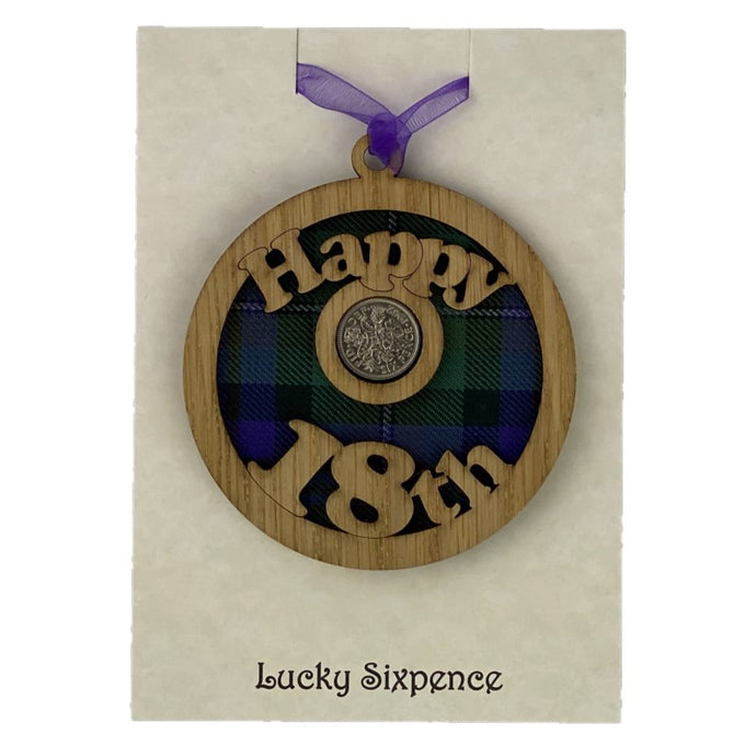 18th Scottish Themed Gift Lucky Sixpence wooden hanging plaque with tartan background