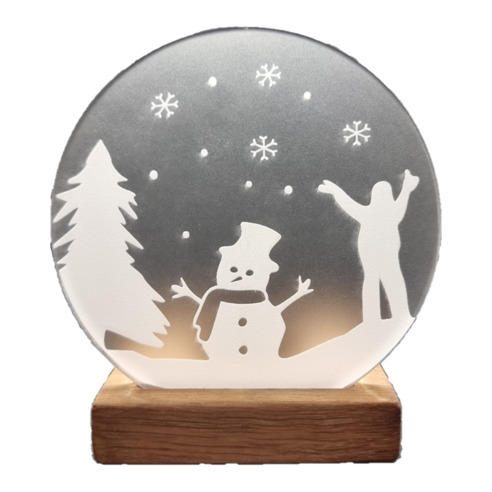 Wooden Tea Light Candle Holder with engraved Christmas Snowman Design