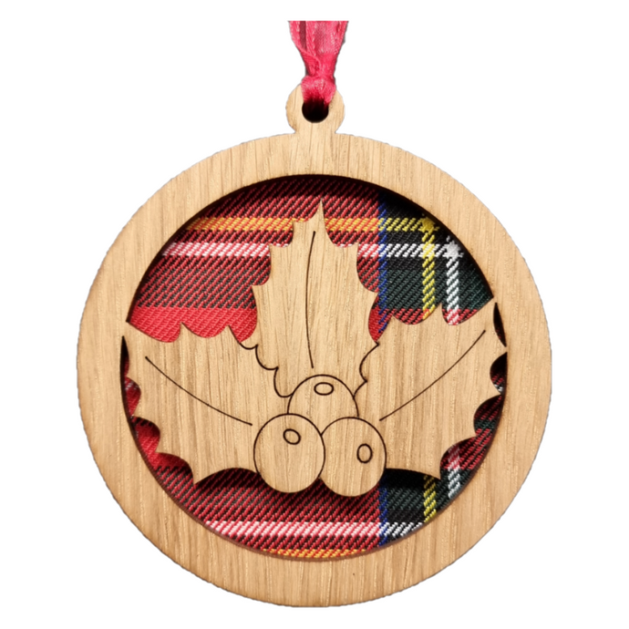 Christmas Holly Hanging Plaque on an oak veneered surround and a Royal Stewart tartan background.